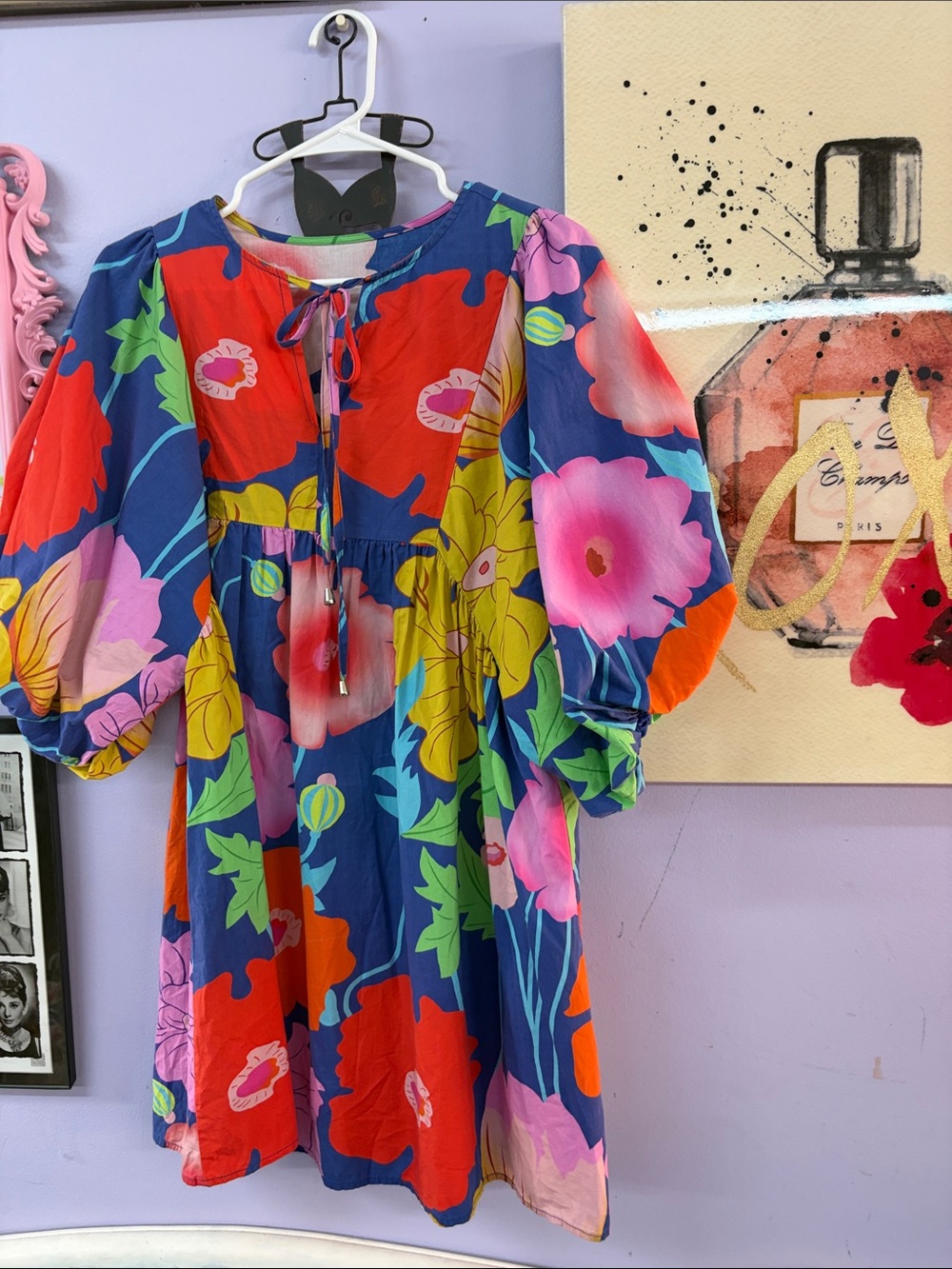 Boho Floral Tie-Neck Casual Dress in Blue Multicolor
